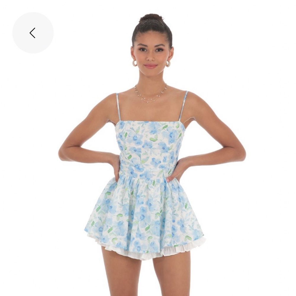 Blue Floral Ruffle Romper in White